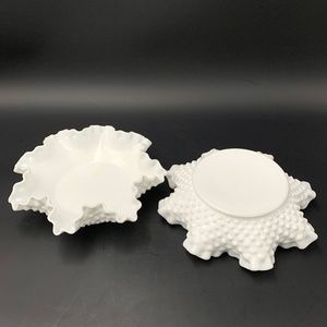 Lot of 2 Vintage Fenton Hobnail White Milk Glass Candy Dish Bowl Ruffled Edge